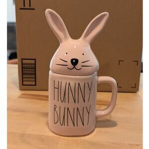 Rae Dunn Magenta Hunny Bunny Pastel Pink Ceramic Coffee Tea Mug Bunny Ears Lid